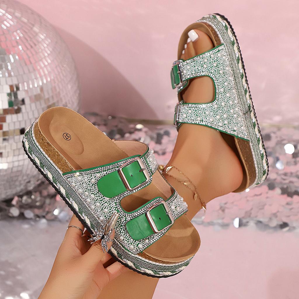 Fashion 2025 Summer Fashion Pink Diamond Solid Color Round Toe Adult Sexy Women's Big Size 43 Sandals Casual Flats Comfortable Slippers