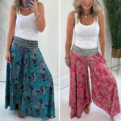 Women Summer Casual Pants Wide Leg Elastic High Waist Long Pants Retro Printing Culottes Loose Fit Flowy Trousers Streetwear