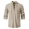 Men's Linen Shirts Long Sleeved Lace Up V Neck Casual Blouse Spring Summer Thin Front Tees Tops Breathable Men Clothing