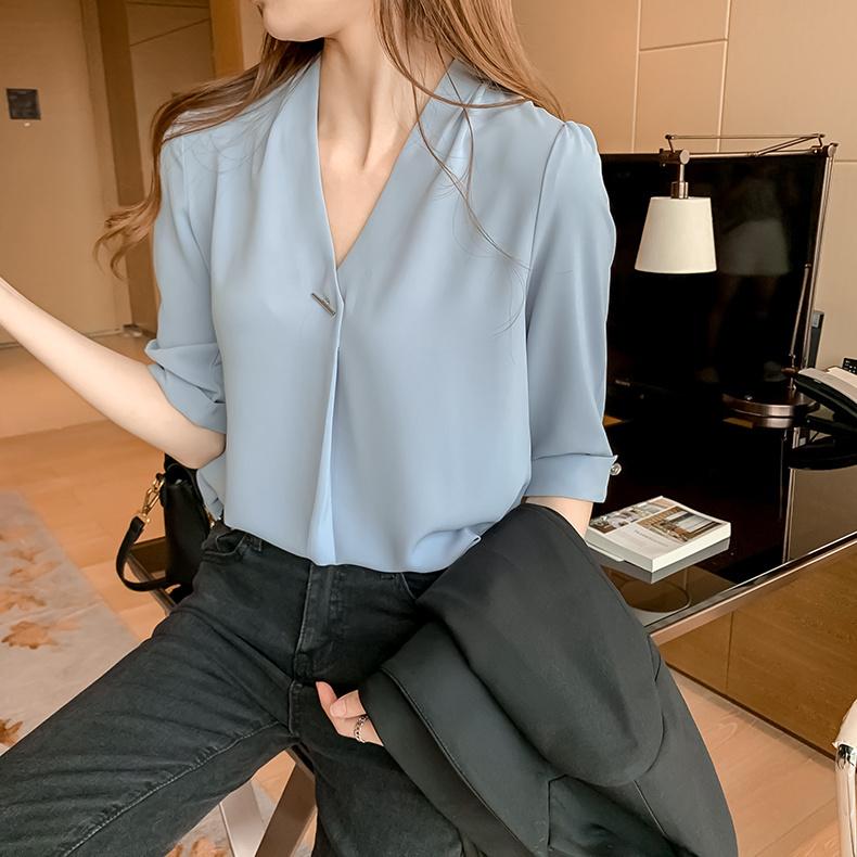 Summer Chiffon Blouse V Neck Loose Fit Korean Style Slimming Top Casual Elegant Basic Shirt