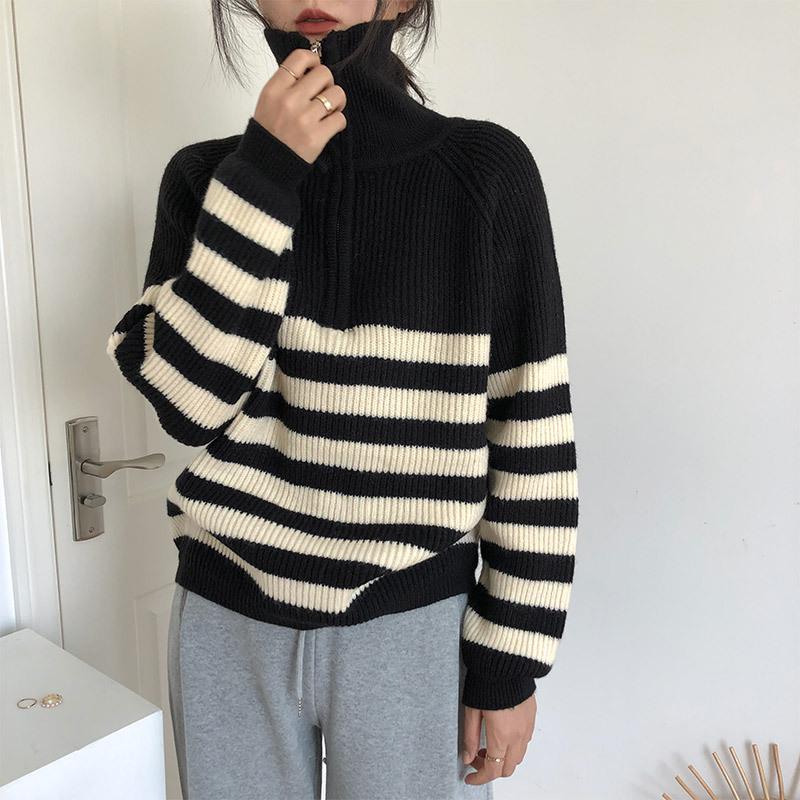 2026 Women's Striped Half-High Collar Zipper Pullover - Soft, Cozy Korean-Style Knitwear for Spring and Autumn