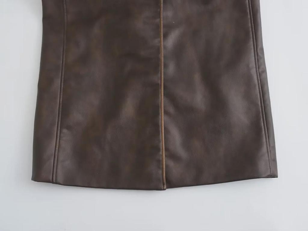 2023 Autumn Women's Mid-Length Distressed PU Leather Trench Coat