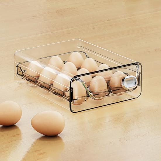 Egg Storage Box Transparent Space Saving Egg Container with Individual Slots Smooth Sliding Drawer Egg Holder for Kitchen Refrigerator
