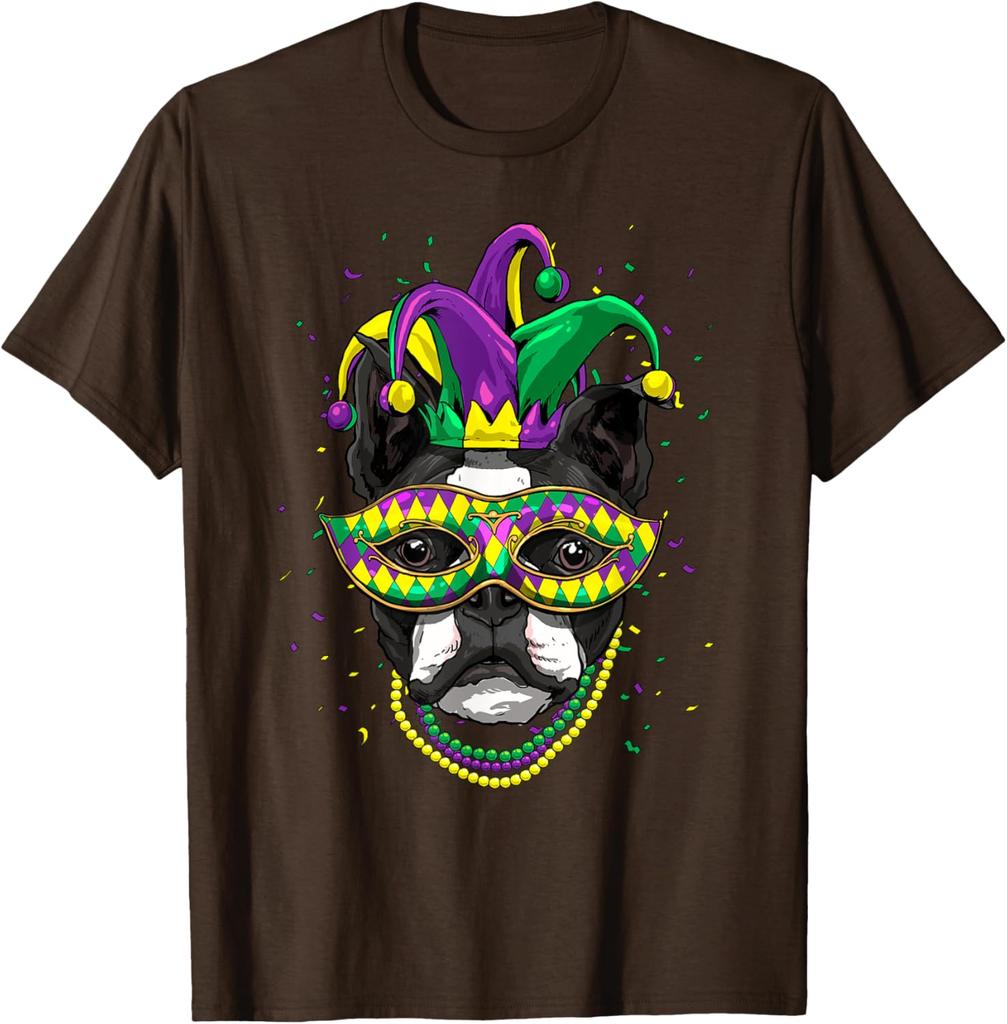 Boston Terrier Mardi Gras Jester Dog Graphic Tee Cute Carnival Print T-Shirt