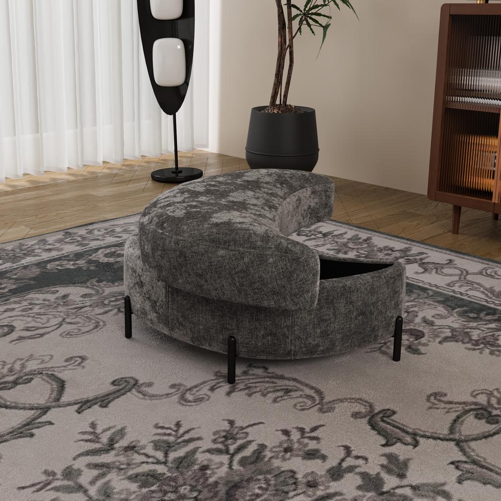 Chenille-Covered Half-Moon Storage Stool with Tray, Padded Seat, Dressing & Shoe Stool and Footrest for Living Room, Entryway & Hallway, Gray