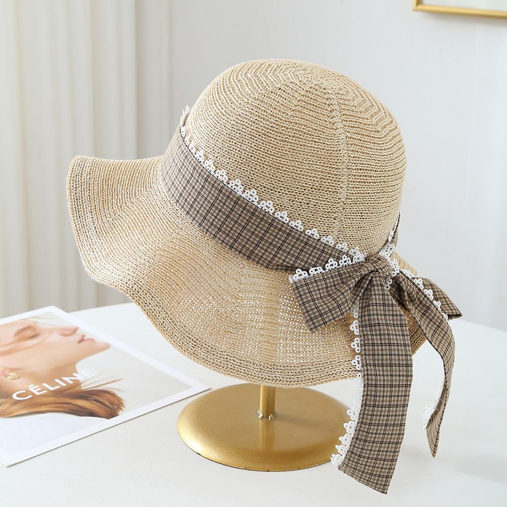 Summer Sun Hat Women's Wave-edge Fisherman Hat Breathable Knitted Wide Brim With Dot Bow Ribbon Beach Accessories For Outdoor