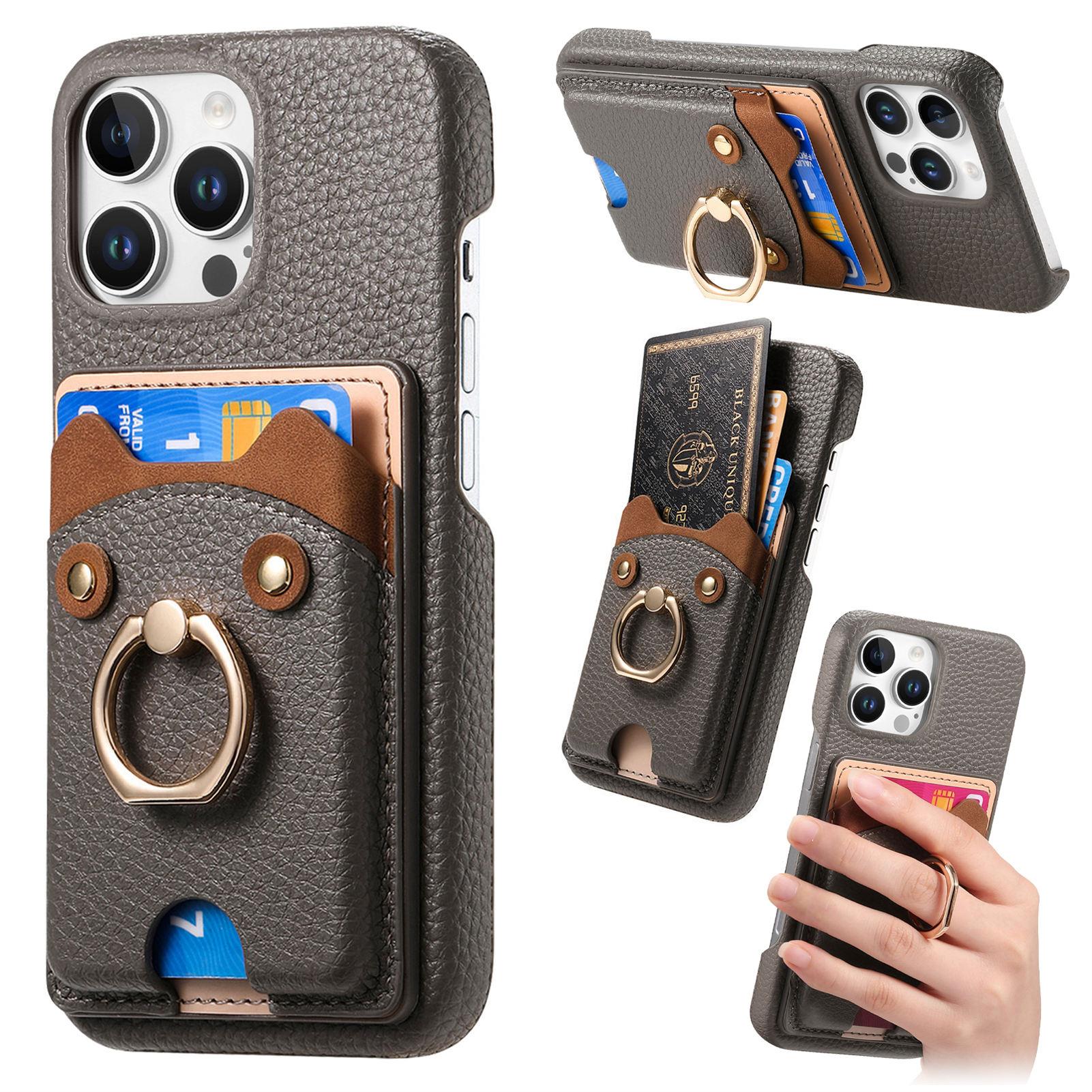 

Y6 For iPhone 16 Pro Case Cute Bear Design PU Leather+TPU Card Holder Phone Cover Grey