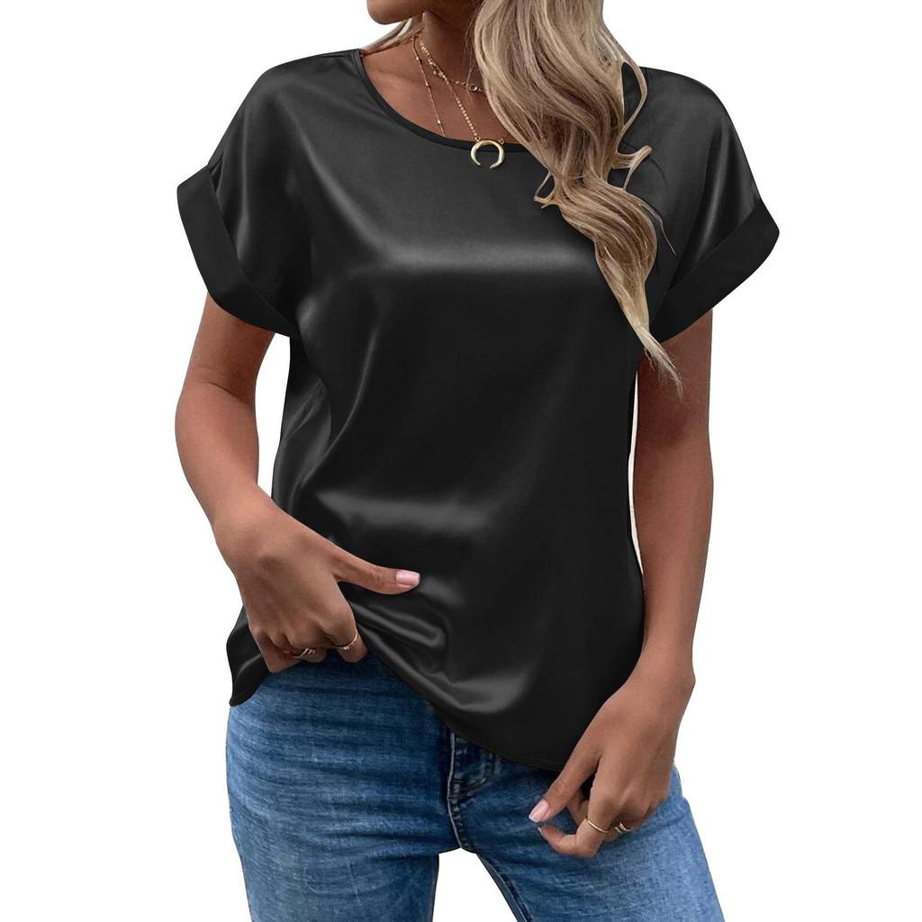 Elegantes Damenhemd Einfarbiges T-Shirt Sommer Damen Kurzarm Satinhemd Locker Lässig Rundhals T-Shirt Top S-XXL