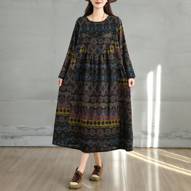 Dimanaf 2025 Women Plus Size Spring Long Dress Loose Basic Printing Vintage Casual Floral Oversize Long Sleeve Maxi