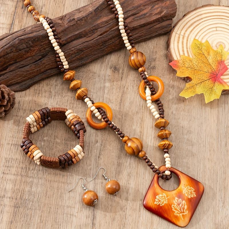 Boho Style Wooden Jewelry Set - 3pcs with Beaded Necklace, Earrings & Pendant - Versatile for Casual Attire & Gifting, Perfect for Spring Festival