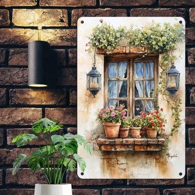 Vintage Fenster und Topfpflanzen Metallwandkunst für Küchengarten