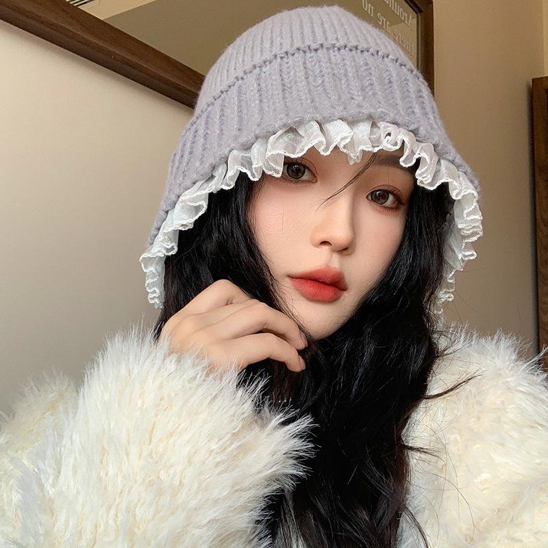 Wool Lace Knitted Hat Autumn and Winter Korean Style In Lazy Style Versatile Fisherman Hat Fashionable Face Small Warm Basin Hat