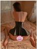 Man Yan Lingerie: Sexy Backless Patent Leather Pleated Mini Skirt Dress Set for Mature Women