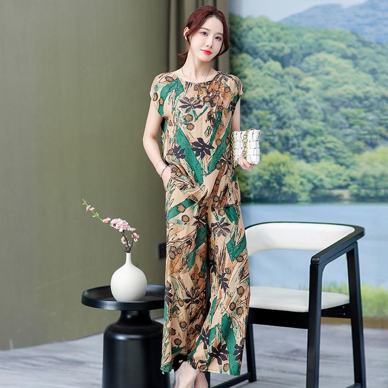 

Летние комплекты брюк больших размеров для женщин, элегантные свободные винтажные комплекты из 2 предметов с принтом 5XL