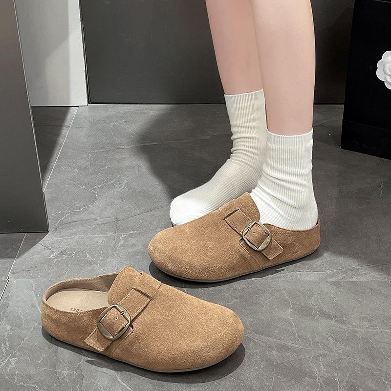 Yumuşak deri çanta başı yarım terlik çocuklar 2025 giyim kaymaz yumuşak taban retro yumuşak taban düz taban muller kadın ayakkabıları