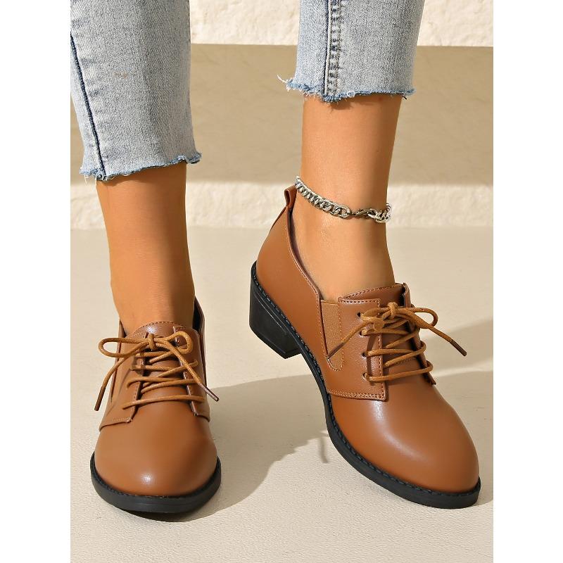Fall 2025 New Thick-heeled Low-top Single Shoes Women's Plus-size Lace-up Retro Leather Shoes