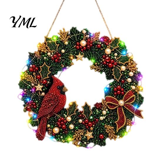 DIY Heimurlaubsdekoration Acryl Weihnachten Kunstperlen Aufhänge-Set, Beleuchteter Kranz 3D Perlen Bastelmalerei Set Kit mit LED-Lichterkette,