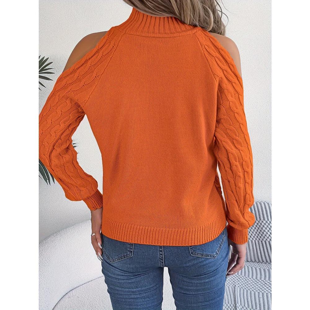 Women's Knitted Sweater Autumn/Winter Top Casual Cable-Knit Off-Shoulder Half-High Neck Long-Sleeved Pullover Women's Wear