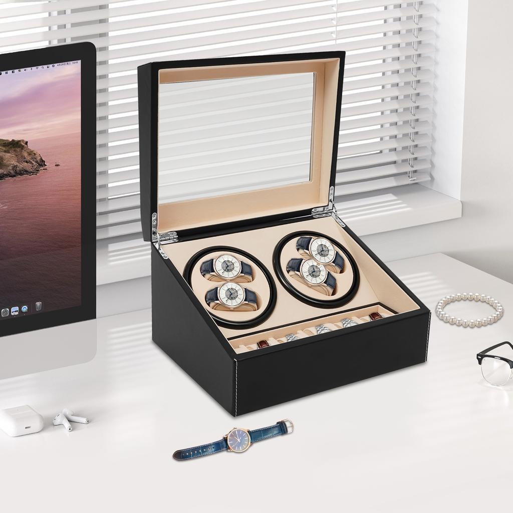 4+6 Automatic Watch Winder Display Box PU Leather Watches Shaker Watch Jewelry Storage Box Watch Case, Black/Brown