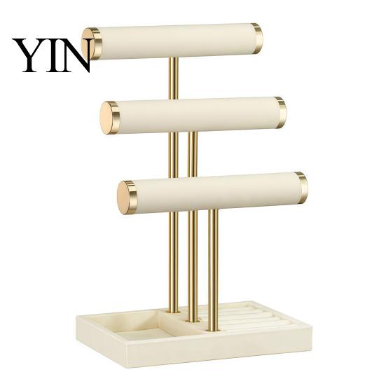 Tiered Jewelry Organizer 3 Tier Velvet Organizer, T-shaped Holder for Bracelet, Necklaces Rings, & Earrings, Stand with Storage Tray Display Rack