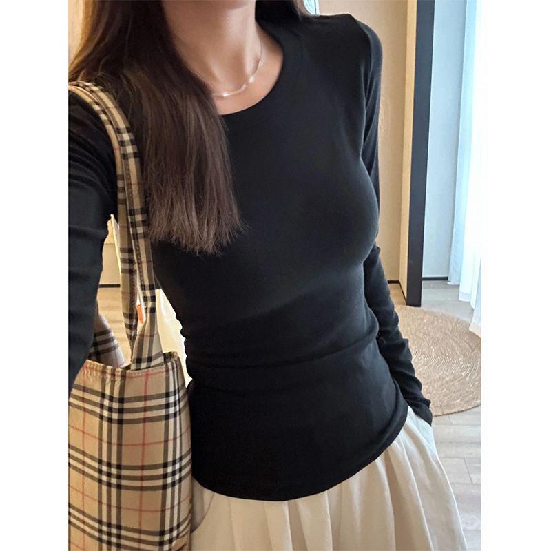 Black Slimming Long-Sleeve Women's T-Shirt, 2025 New Style for Autumn/Winter, Wear as Inner or Outer Layer.