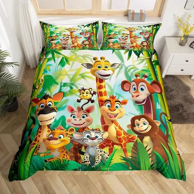 Funda de edredón con dibujos de animales, juego de cama con adorable jirafa, mono, tigre y elefante, funda de edredón de poliéster con adorable vida salvaje