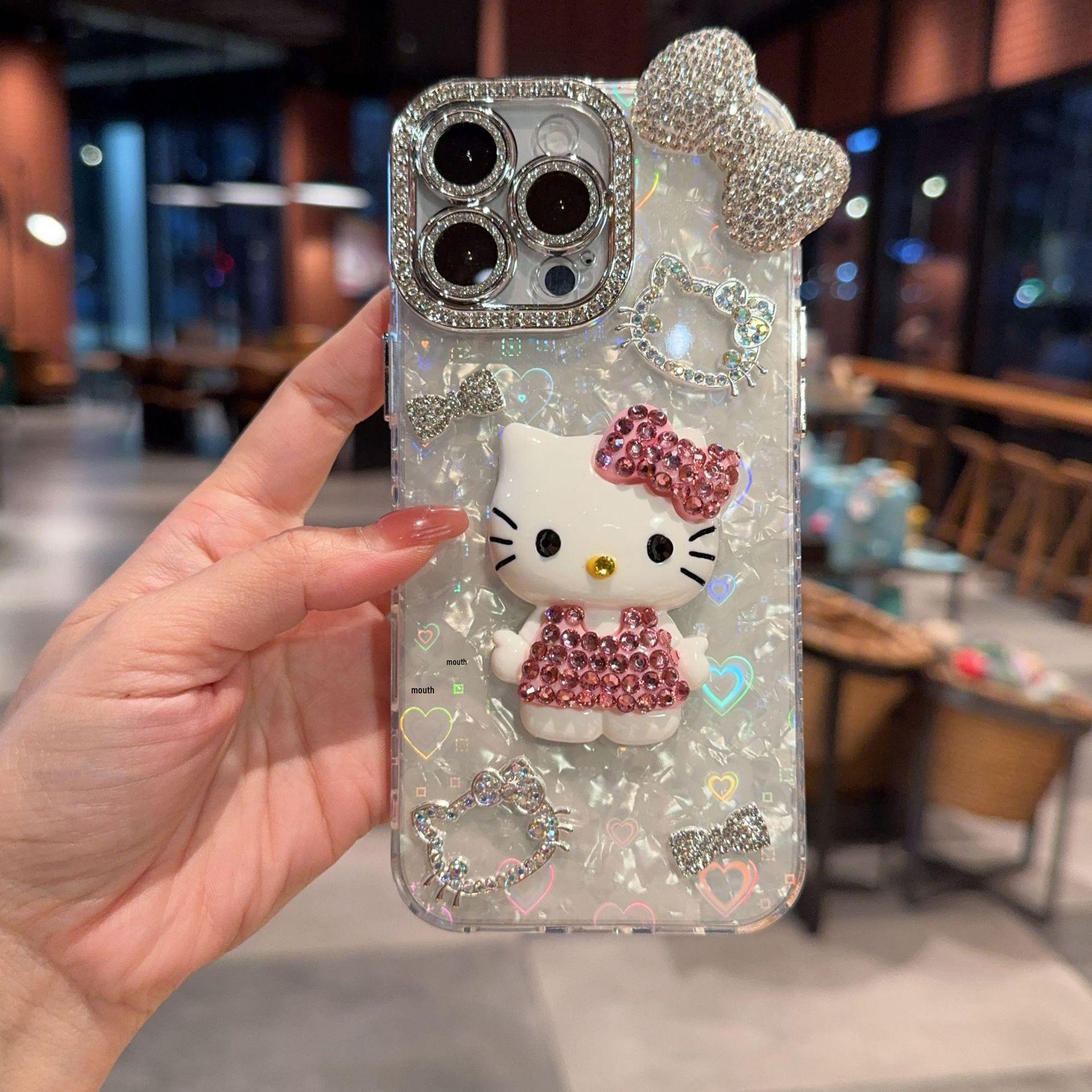 Shell Pattern 3D Diamond Cat Phone Case for iPhone 13 Pro Max, 17 Pro Max, 15/16 Pro iPhone 17 Pro Max