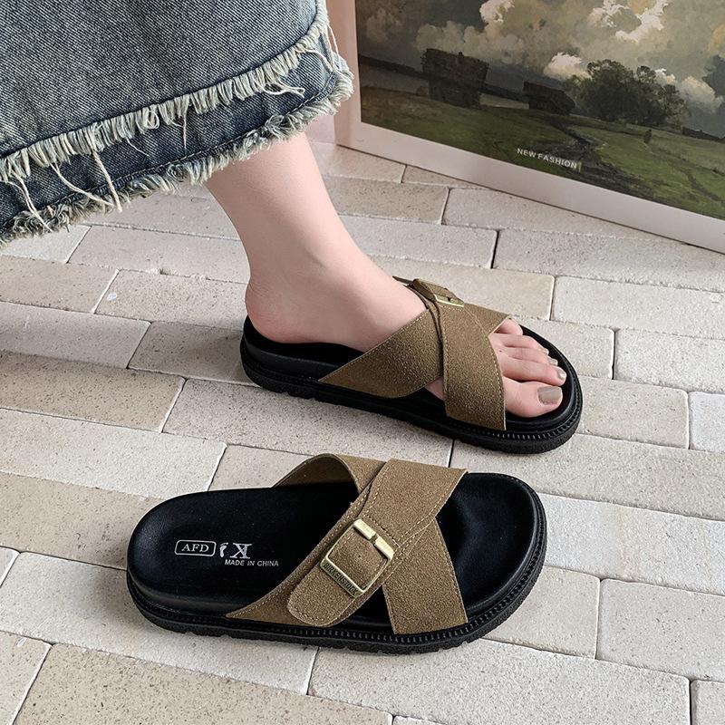 

Fashion Women Slippers Summer Open Toe Platform Casual Slippers Buckle Flat Slippers Retro Comfort Non Slip Fashion Outdoor Beach Shoes 40 хаки