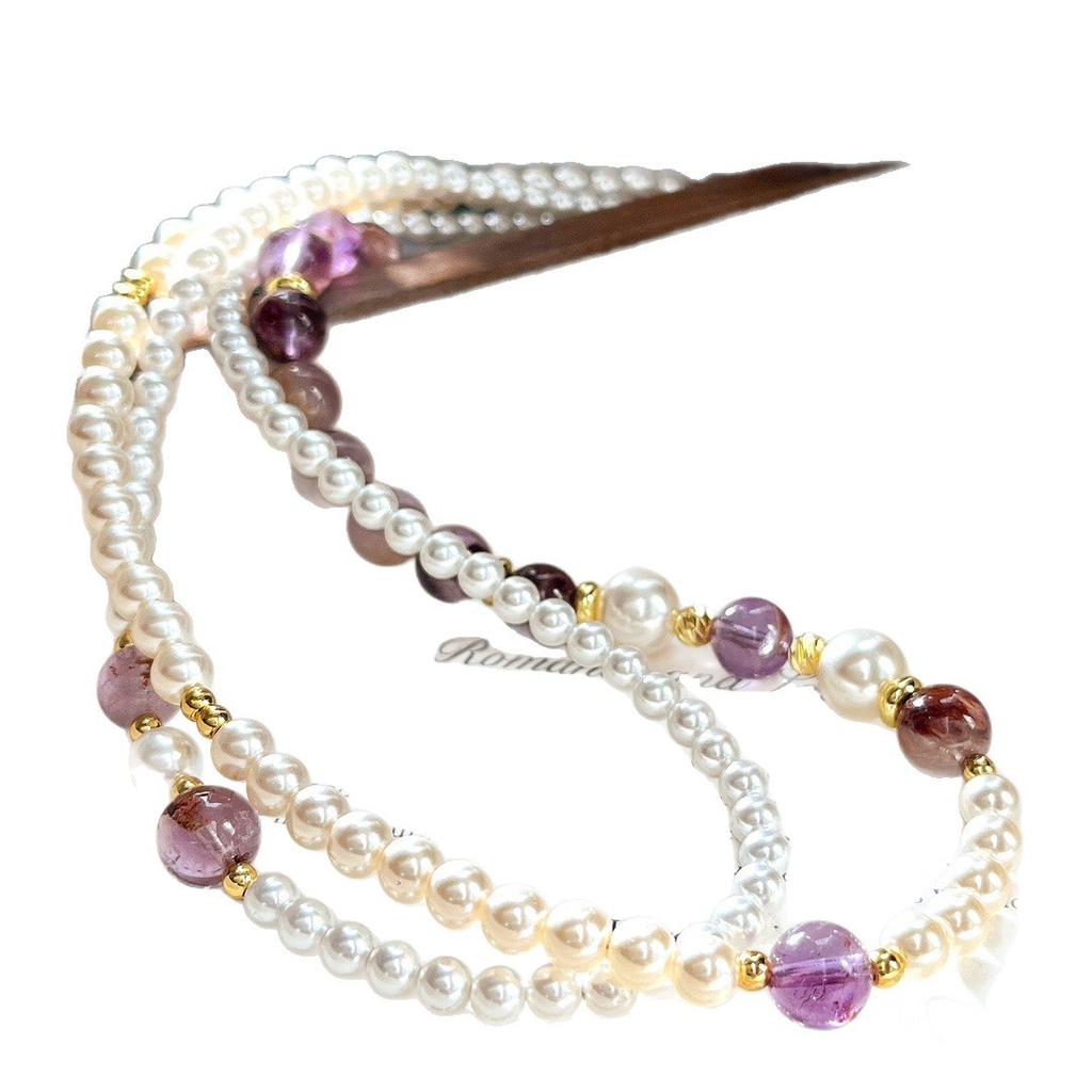 High Quality Natural Purple Ghost Faux Crystal Pearl Double Necklace Clavicle Chain