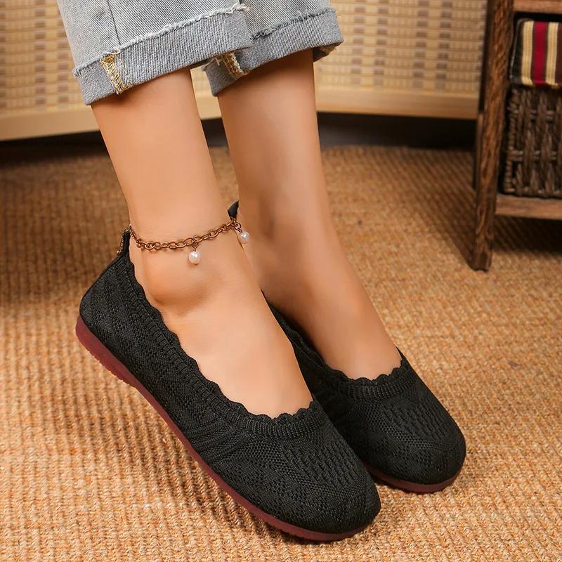 Fashion Women Flats Solid Color Mesh Breathable Sneakers Women Soft Bottom Knit Ballet Loafers Shoes Casual Slip On Boat Shoes for Women