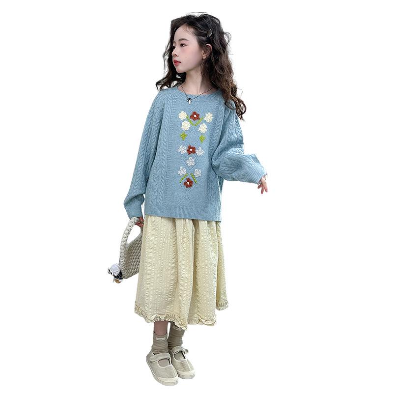 Strickpullover & Rock Set für Mädchen Herbst 2025 - Zweiteiler im koreanischen Stil für große Kinder.