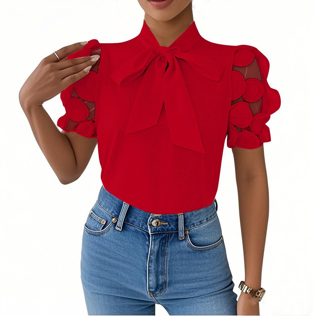 Damen Einfarbig zum Schnüren Schleife Kurzarm Hemd T-Shirt Top