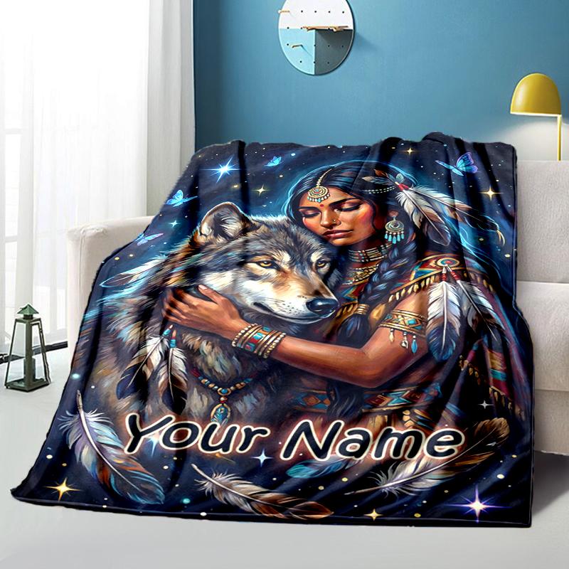 1PC Custom Name Wolf Spirit Connection Flannel Blanket Versatile,all-season Throw Suitable for the Living Room,bedroom,camping,travel,and Gift