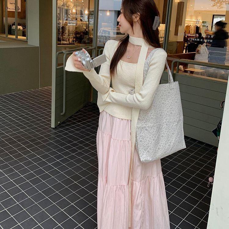 Sweet Petite Slimming Pleated Long Skirt: Lined, Layered, Solid Color, Waist-Cinching Half-Skirt for Women
