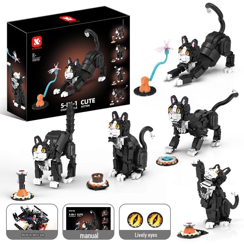 Cross-Border Five-in-One Cute Cat Building Blocks: Educational Pet Model Toy for Kids