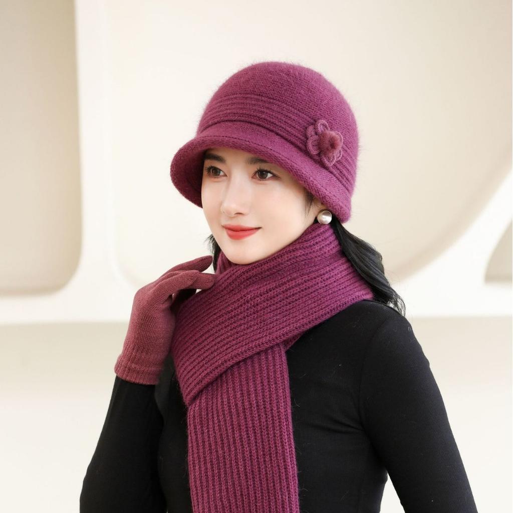 New Autumn and Winter Warm Rabbit Hair Hat Woman Mother Hat Set Old Lady Thickened Pot Hat Fashionable
