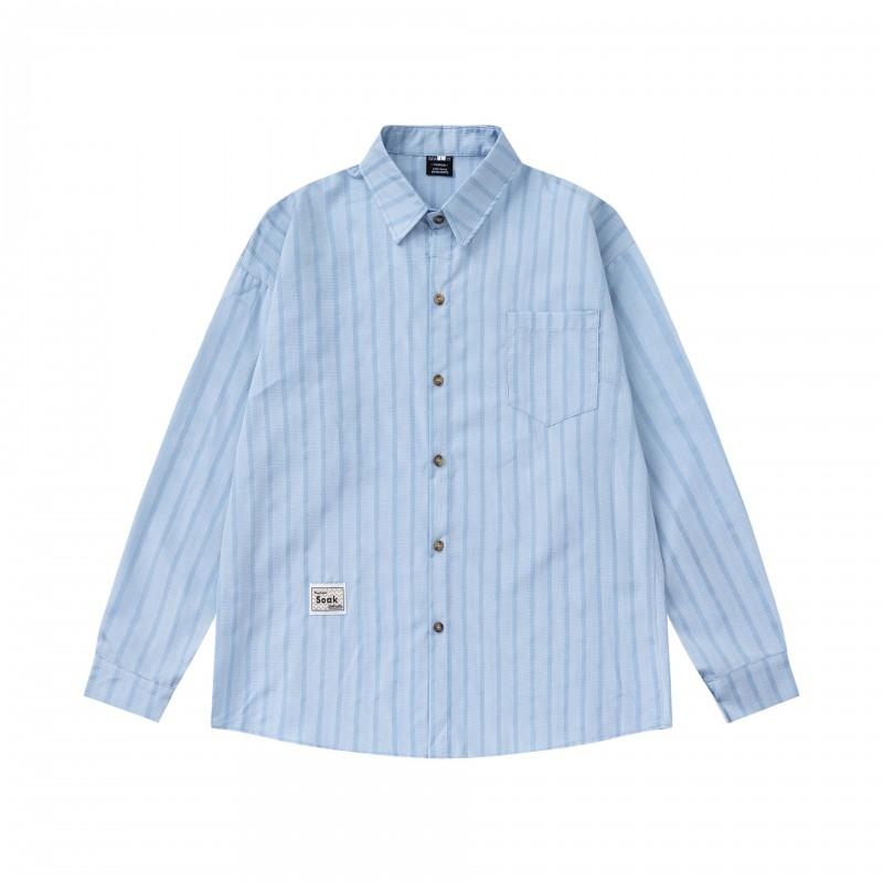 Japanese Vintage Striped Long Sleeve Shirt Men Loose Fit Casual Top With Pocket