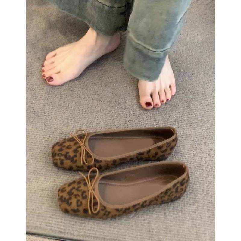 Cowhide version~ genuine leather French retro bow leopard print light mouth ballet single shoes women's one-pedal grandma shoes ladyshoes