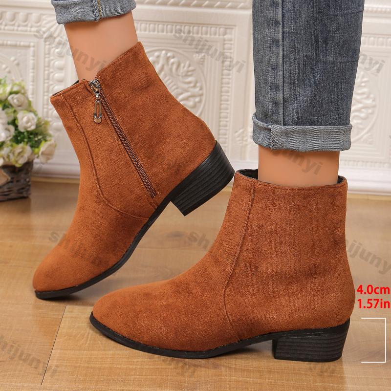Fashion Women's Fashion Thick Heel Boots Autumn Winter New Round Head Thick Sole Non-slip Short Boots Size Zipper Suede Short Booties