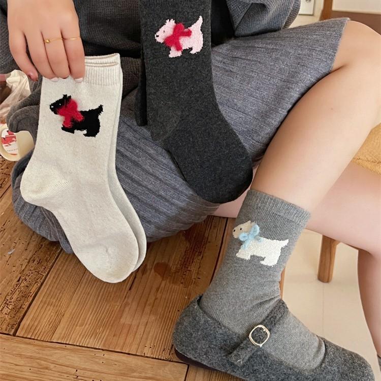 Winter Socks Cartoon Puppy Bow Wool Socks Cute Warm Socks Stacked Socks