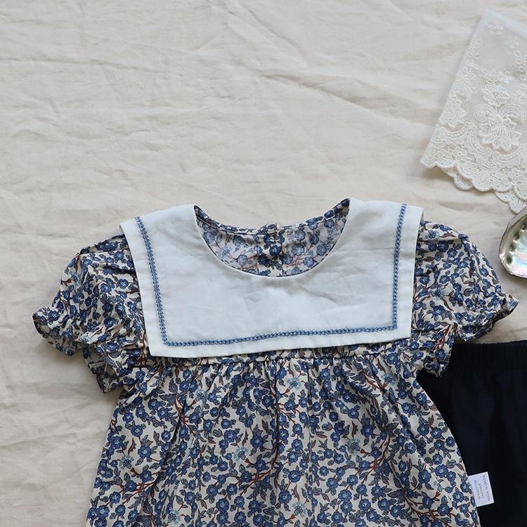 Korean Kids' Floral Two-Piece Summer Set: Girls' Short Sleeve Doll Shirt and Shorts
