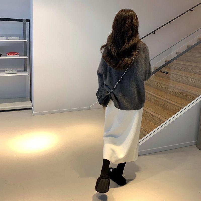 Slim-Fitting Women's French Style Elegant Knitted Midi Skirt Autumn Winter Non-Slit Bodycon A-Line Pencil Skirt