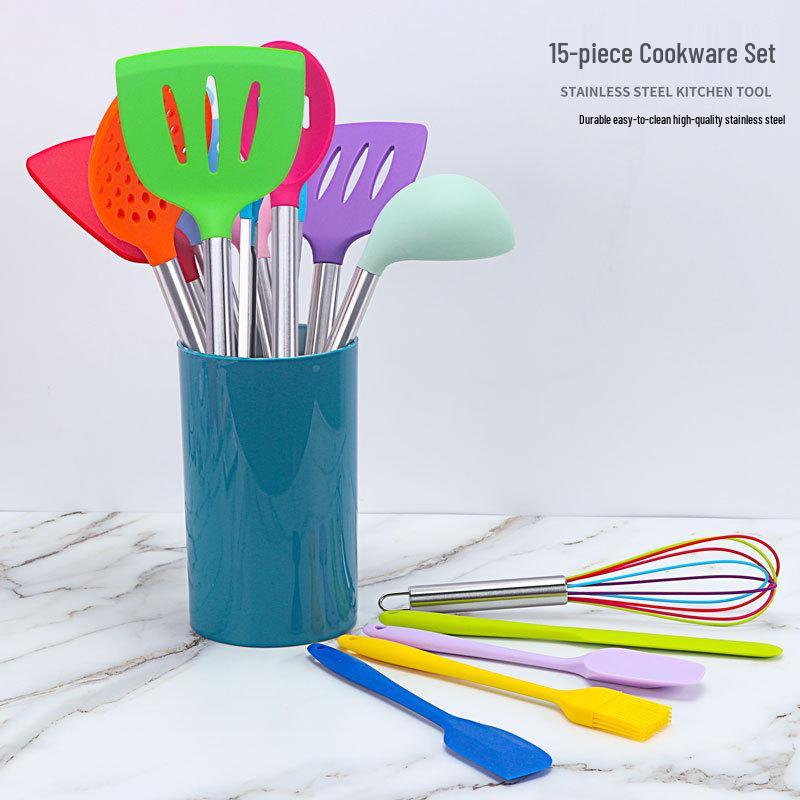 Black Stainless Steel & Silicone Handle 15-Piece Kitchen Utensil Set with Storage Bucket