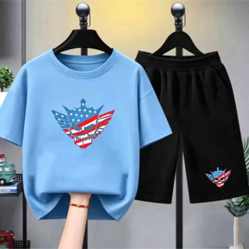 Fashion Men's T-shirt Shorts Set Funny Skull Printed Men's Short Sleeve Tops Shorts 2pcs Summer Men Women's Outdoor Casual T-shirt Sets