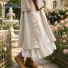 Vintage Mori Cotton Linen Patchwork Lace Skirt Spring All Match Elastic Waist Japanese A-Linen Women Skirts
