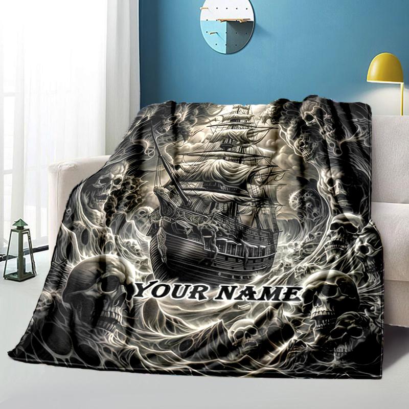 1PC Custom Name Skeletal Ship Adventure flannel blanket versatile,all-season throw suitable for the living room,bedroom,camping,travel,and gift