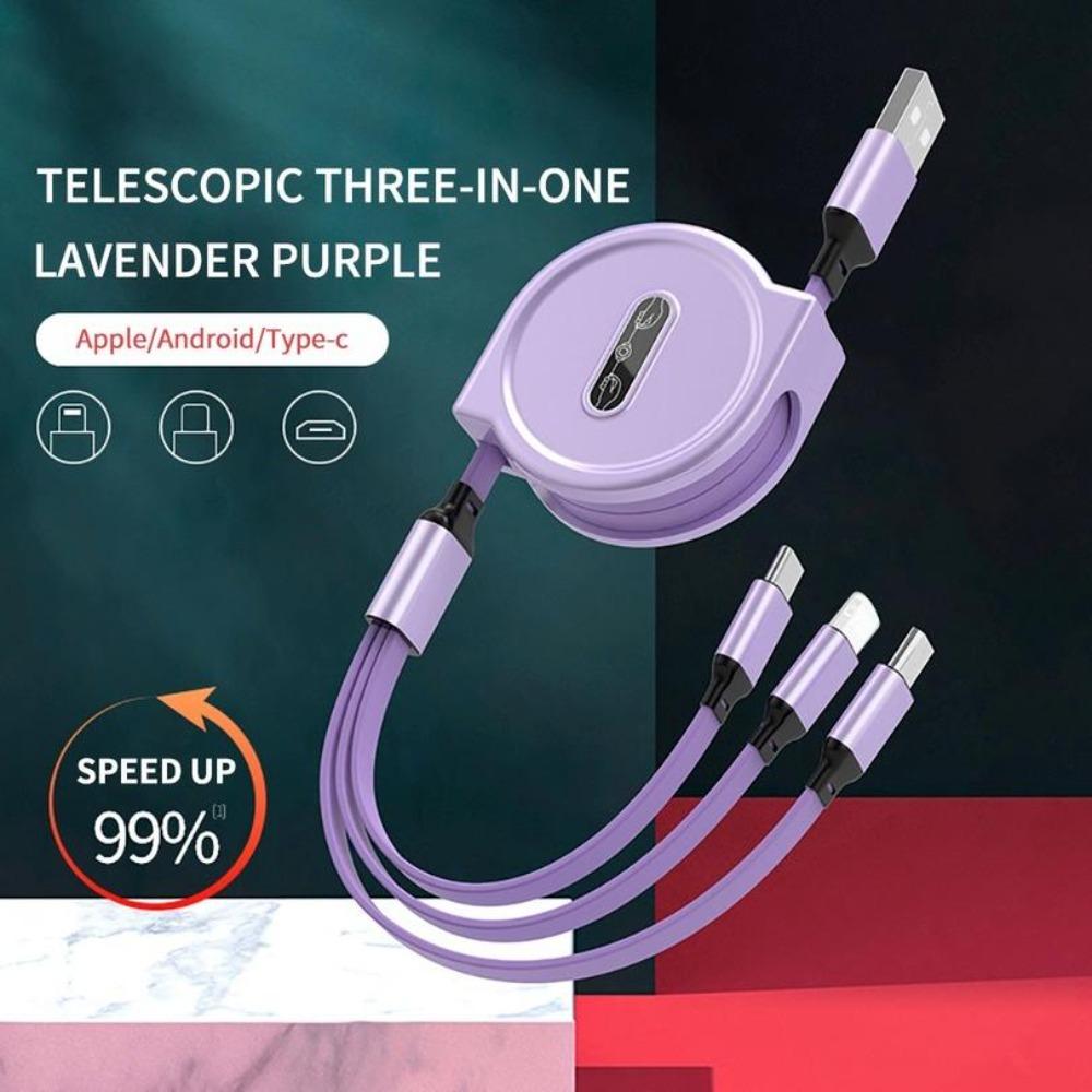 3 In 1 Charging Cable Retractable USB Charge Fast Charging Portable Charging Cable Micro Type-C фиолетовый