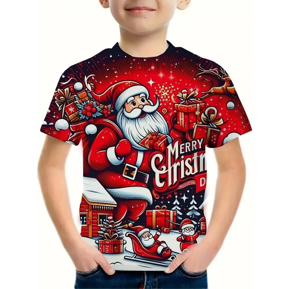 Children's Christmas Series 3D Digital Printed Boys' Fashion and Casual Round Neck Short Sleeved T-shirt