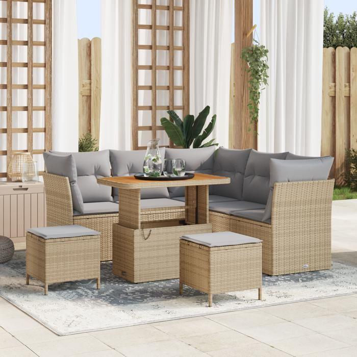 Ensemble de canapés de jardin 8 pièces avec coussins Beige Poly Rattan Acacia, Ensemble de salle à manger de jardin 3 pièces 3361487