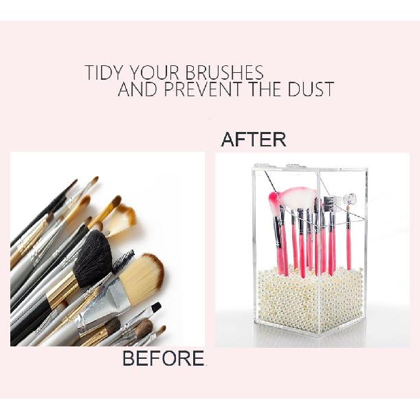 Acrylic Brush Holder,Dustproof Makeup Brush Organizer with Lid, Covered Cosmetic Brush Holder with White Pearls,Clear -NEWCREA
